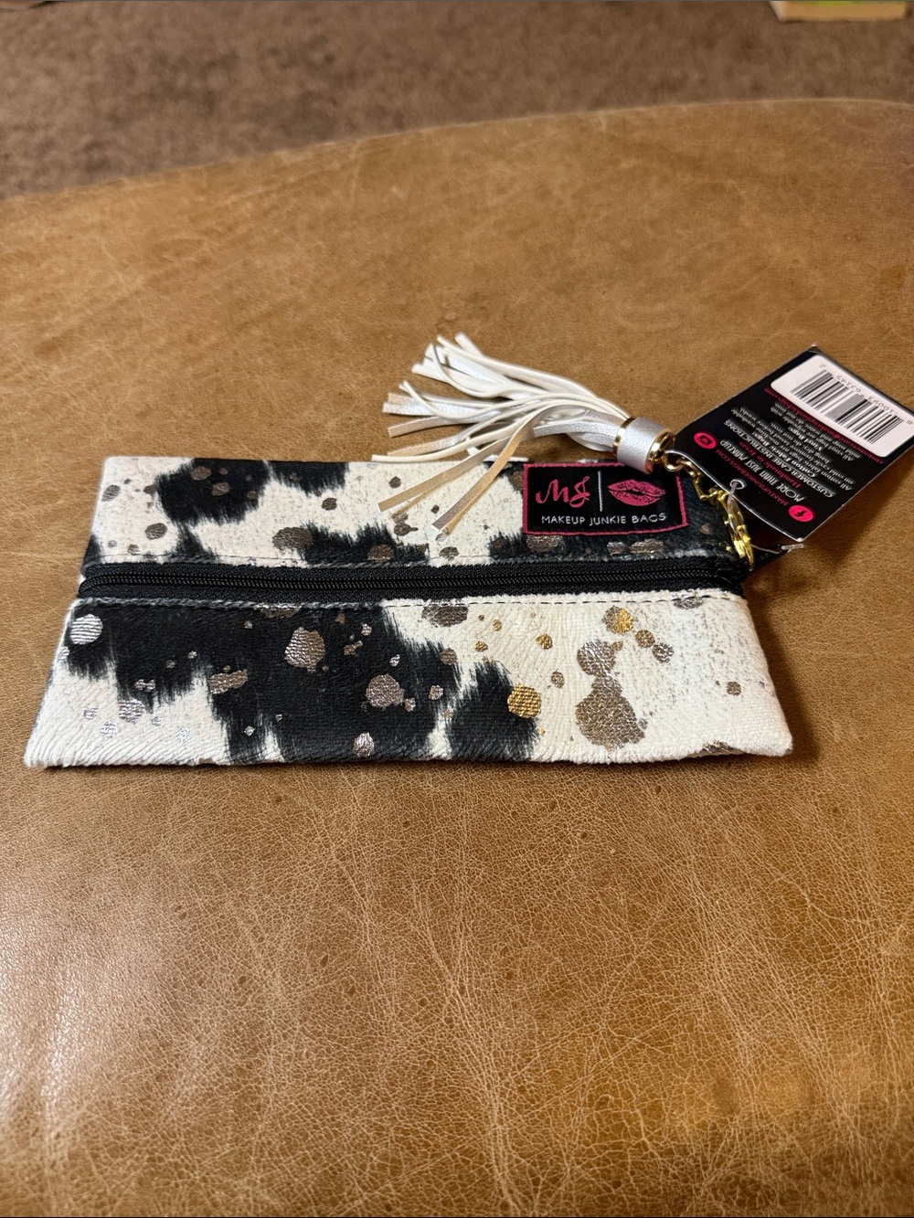 Makeup Junkie Black & White Cowhide Zip Pouch with Tassel